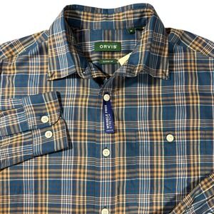 Orvis Mens Medium Blue Plaid Wrinkle Free Stretch Button Down Shirt Medium